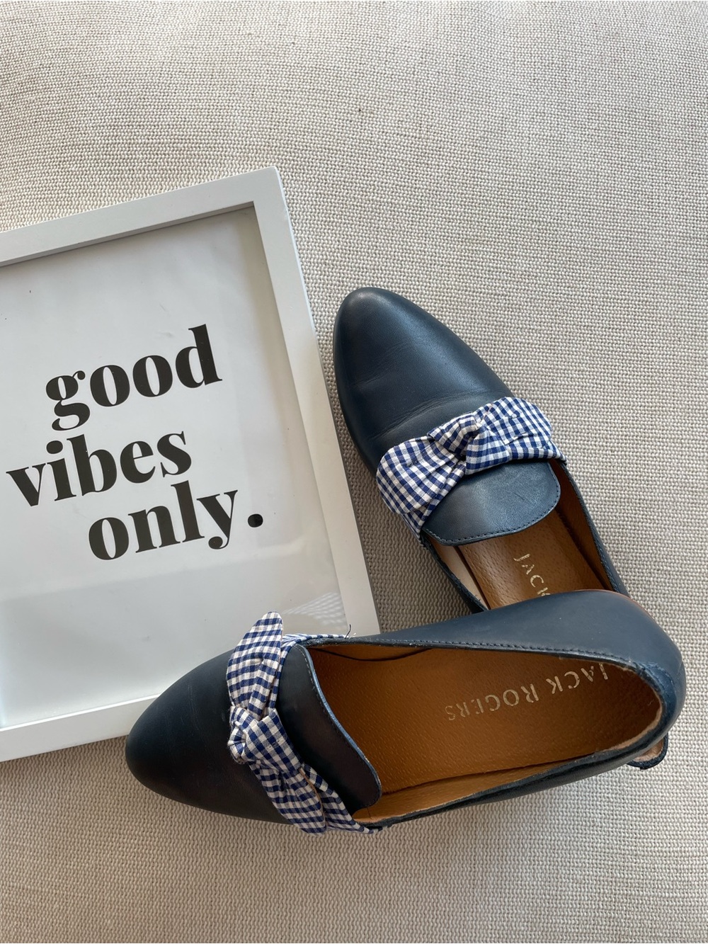 Jack Rogers Navy Leather Flats with Blue-and-White Gingham Bow - Picture 2 of 16